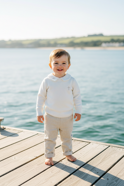 Baptism outfit with cotton onesie and jumper and linen pants