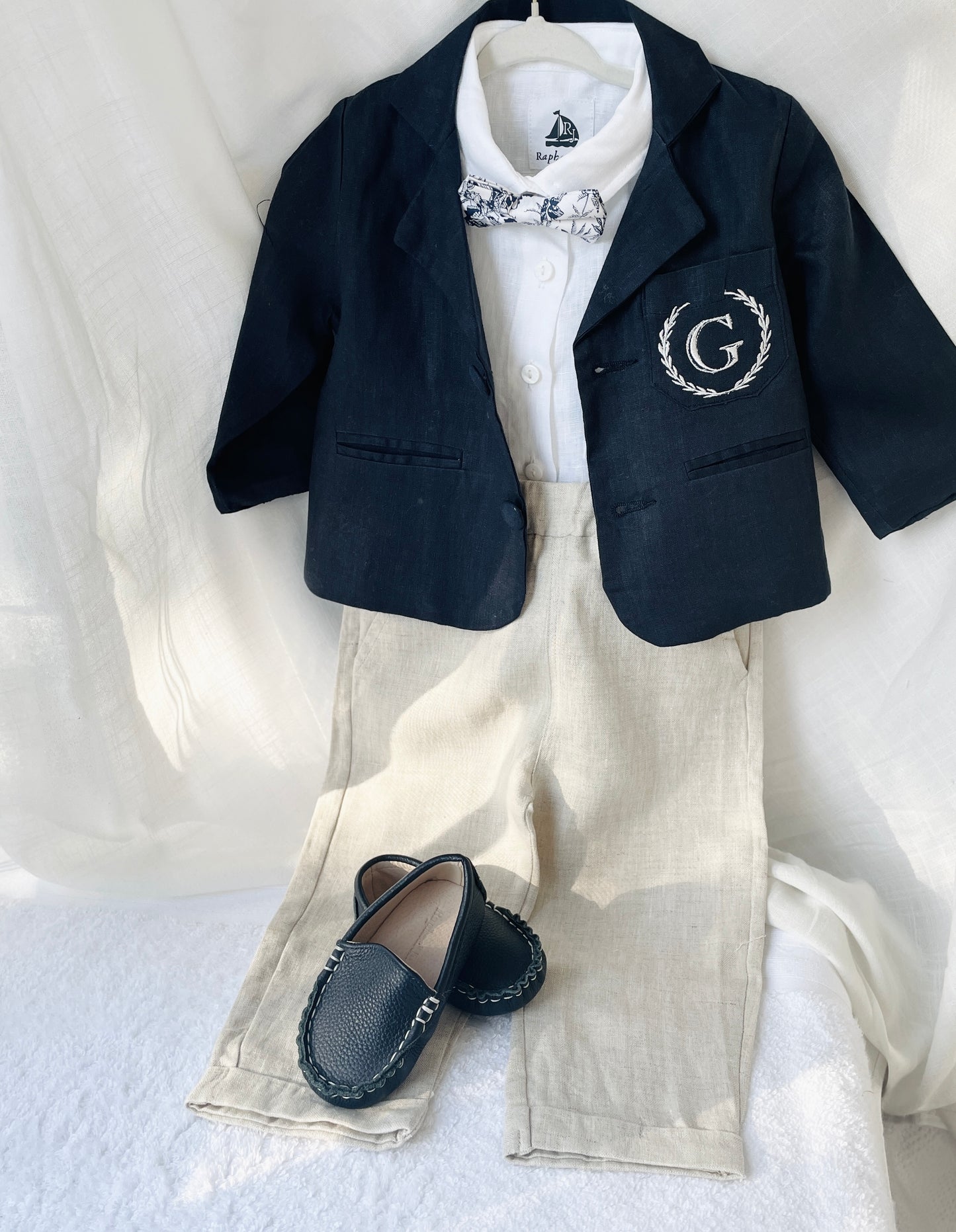 Navy blue and beige formal baptism or wedding suit with accessories and optional personalisation