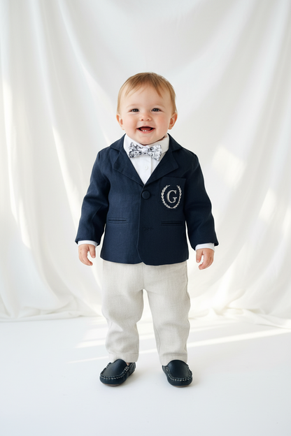 Navy blue and beige formal baptism or wedding suit with accessories and optional personalisation