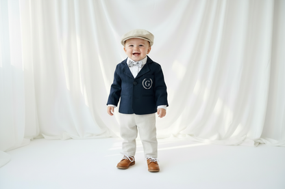 Navy blue and beige formal baptism or wedding suit with accessories and optional personalisation