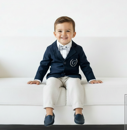 Navy blue and beige formal baptism or wedding suit with accessories and optional personalisation