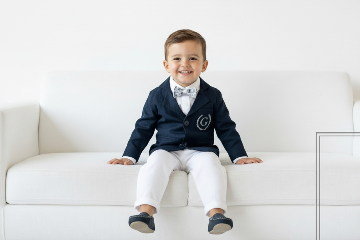 Navy blue and white linen boys formal baptism or wedding suit