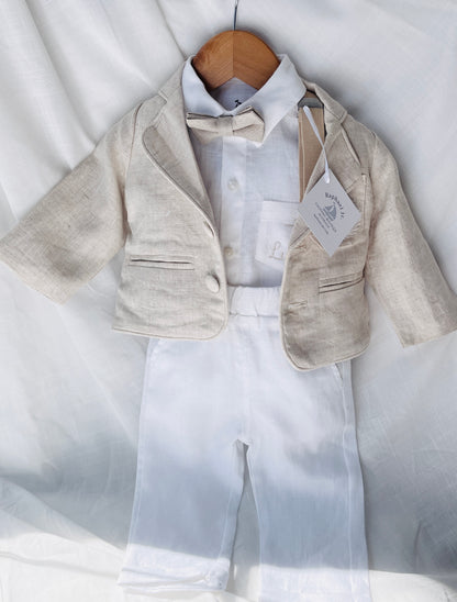 White and Beige Linen Set with optional Jacket Accessories and Embroidery