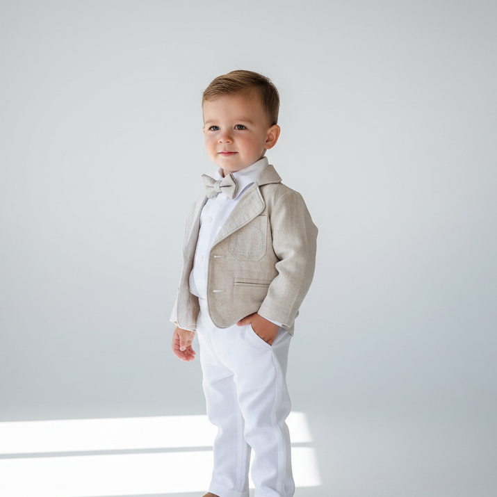 White and Beige Linen Set with optional Jacket Accessories and Embroidery