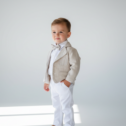 White and Beige Linen Set with optional Jacket Accessories and Embroidery