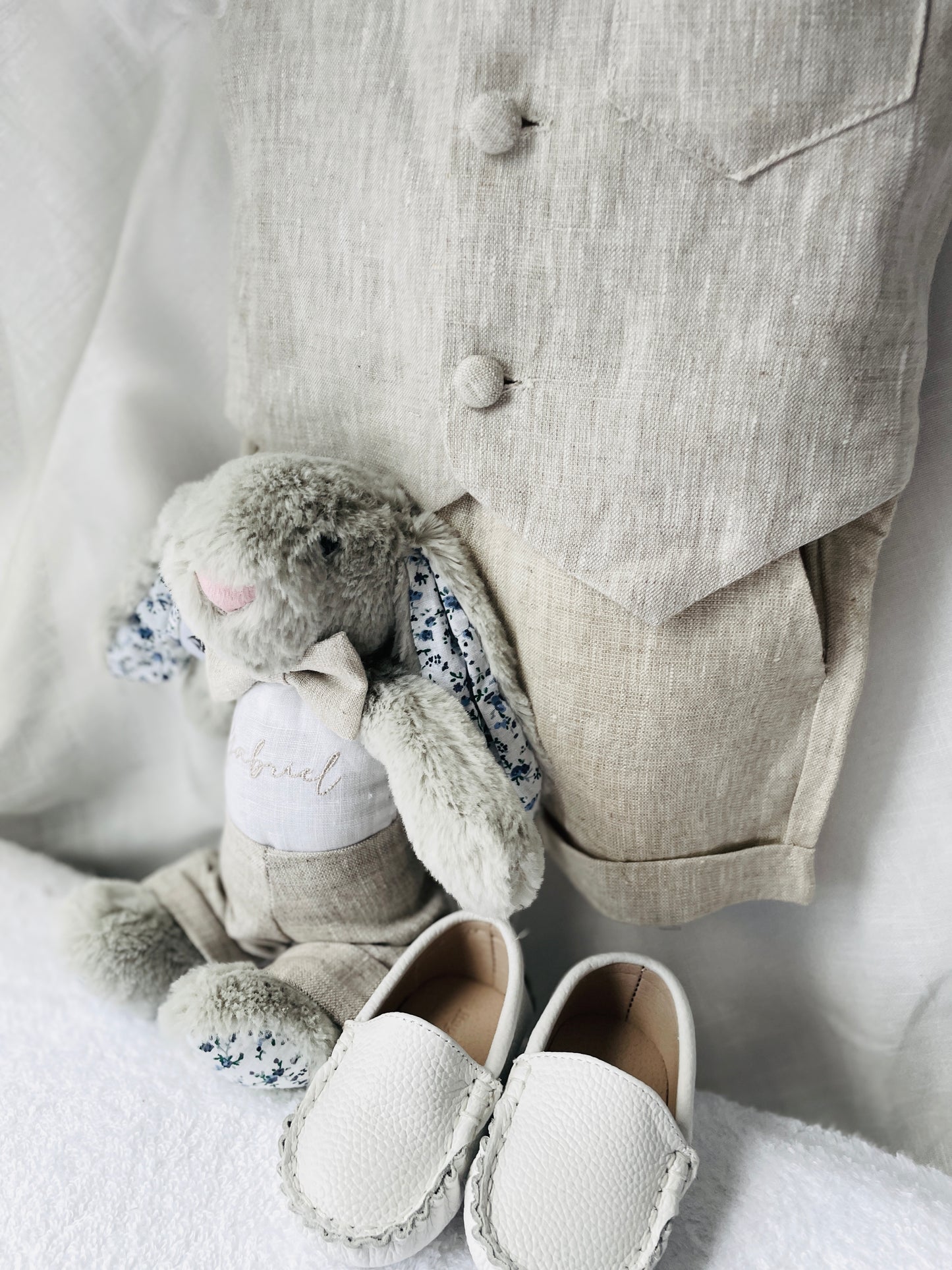 Beige Linen Shorts Shirt Suspenders and Vest set with Optional Cap Jacket and Embroidery