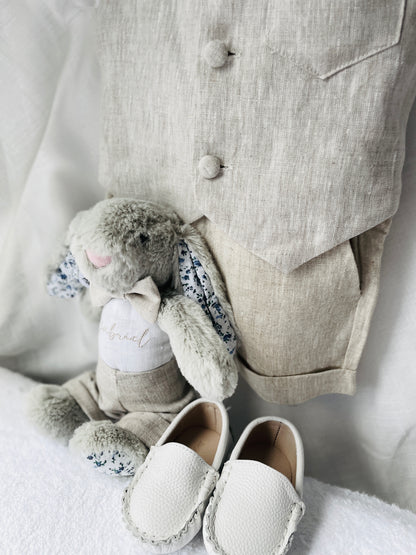 Beige Linen Shorts Shirt Suspenders and Vest set with Optional Cap Jacket and Embroidery