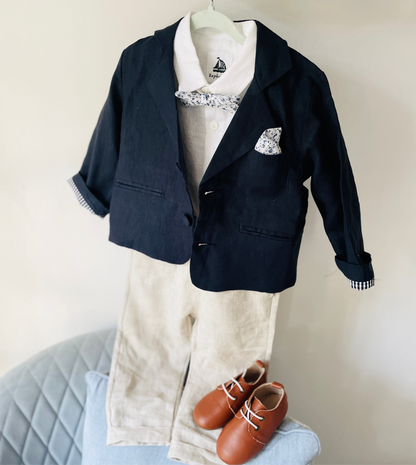 Navy blue and beige formal baptism or wedding suit with accessories and optional personalisation