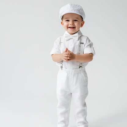 White linen Baptism Suit outfit with optional blue jacket and Accessories