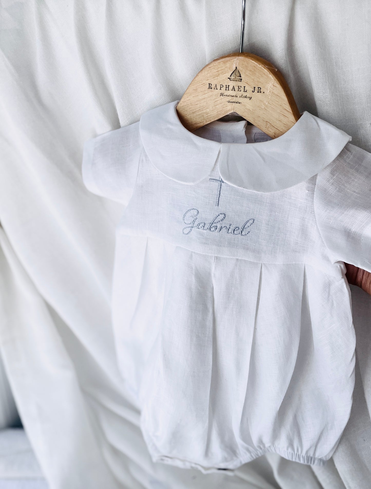 Linen Baptism 3/4 length jumpsuit with optional cardigan and embroidery