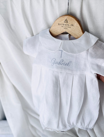 Linen Baptism 3/4 length jumpsuit with optional cardigan and embroidery