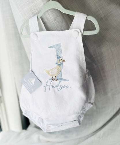 Boys White Linen first birthday romper with custom embroidery designs