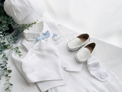 Boys white linen full length Baptism set with vest, shirt, pants, suspenders and bow tie