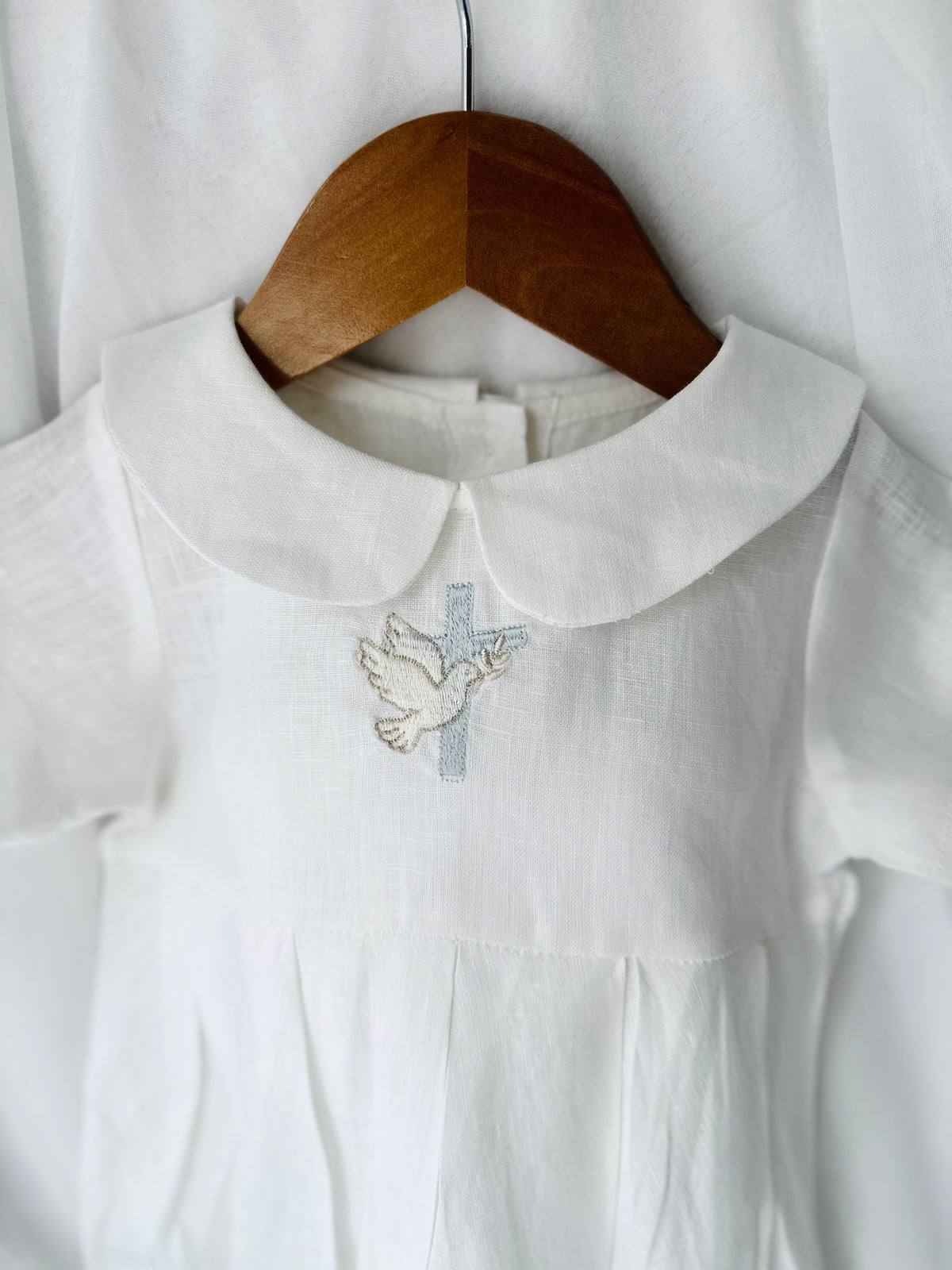Linen Baptism 3/4 length jumpsuit romper with optional pale blue cardigan