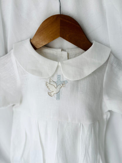 Linen Baptism 3/4 length jumpsuit romper with optional pale blue cardigan