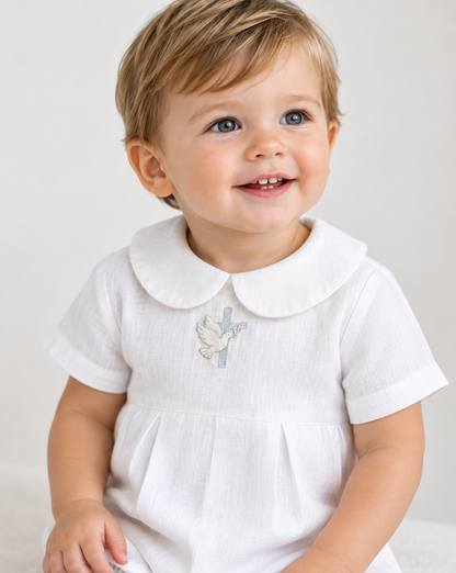 Linen Baptism 3/4 length jumpsuit romper with optional pale blue cardigan