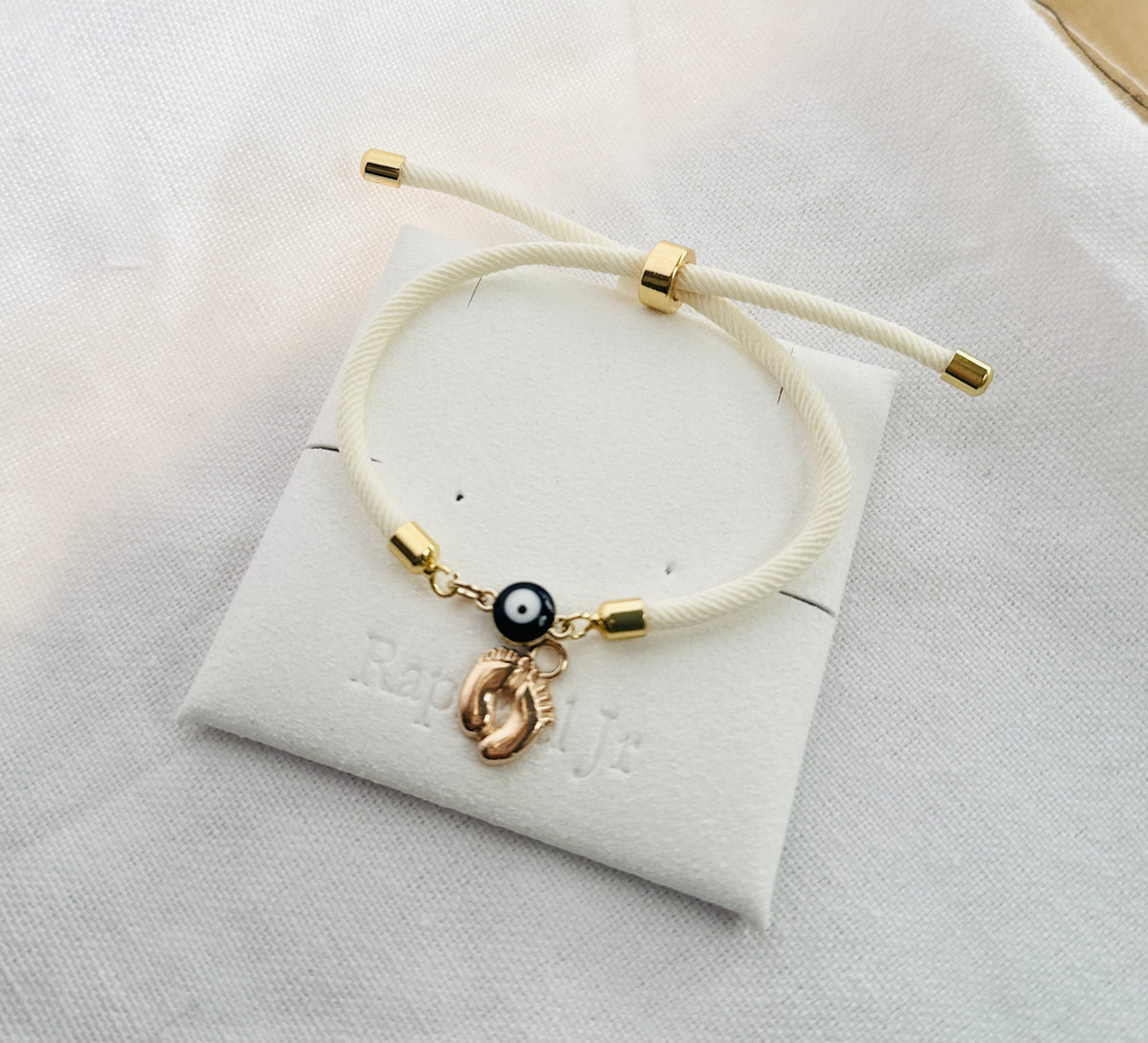 Evil eye bracelet white rope with gold clasps and optional charm