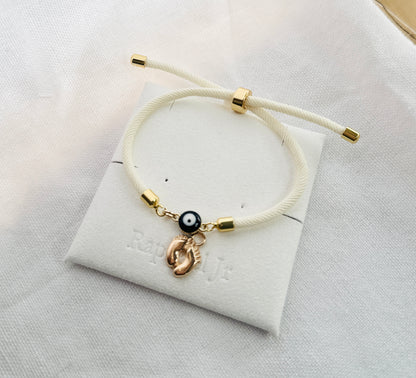 Evil eye bracelet white rope with gold clasps and optional charm