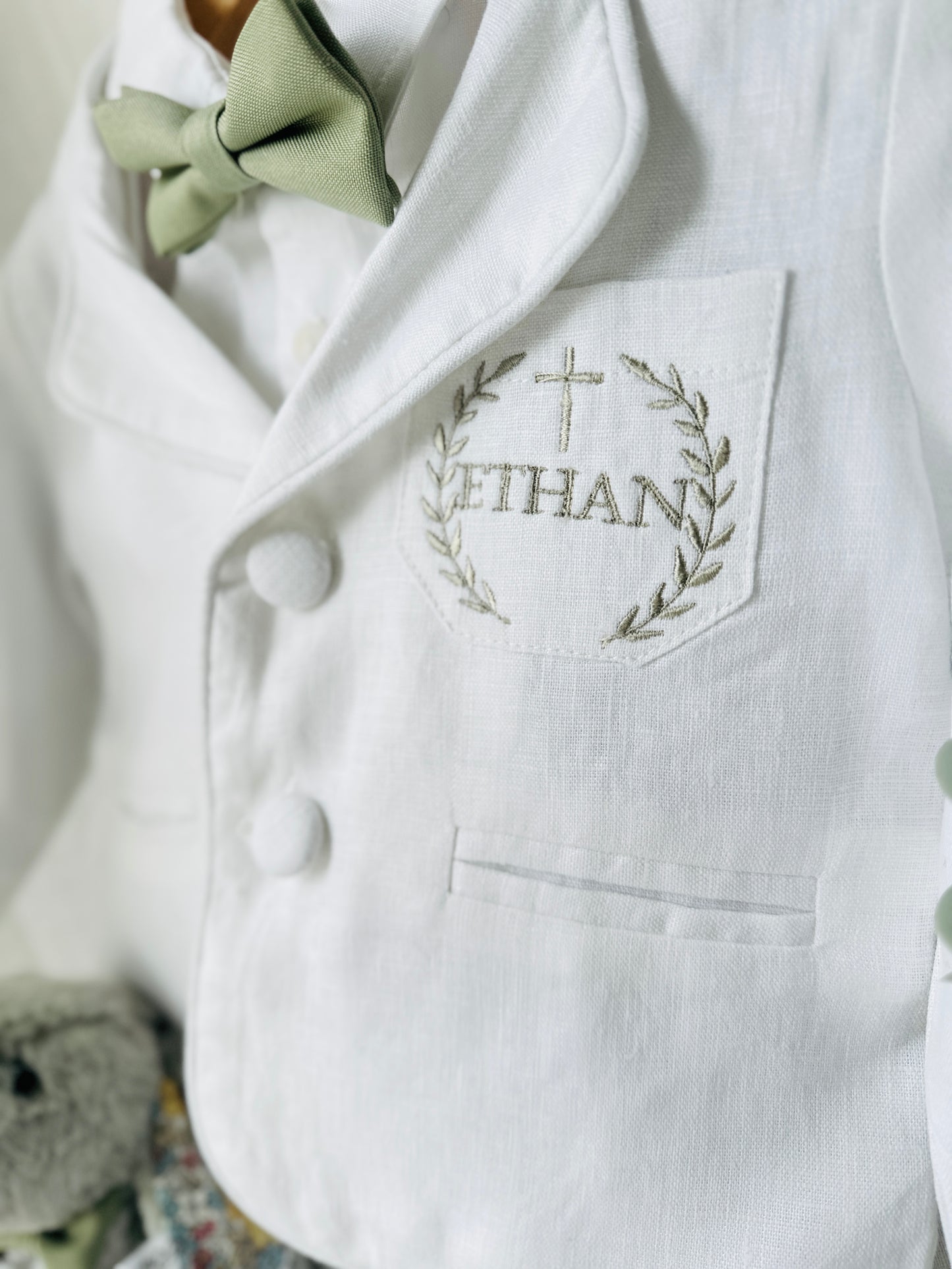 Boys white linen full 5 piece suit with vest, jacket, shirt, pants, suspenders and bow tie plus extras
