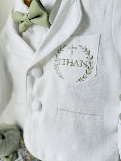 Boys white linen full 5 piece suit with vest, jacket, shirt, pants, suspenders and bow tie plus extras