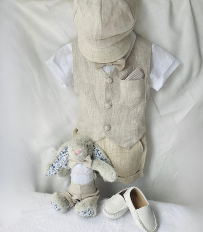 Beige Linen Shorts Shirt Suspenders and Vest set with Optional Cap Jacket and Embroidery