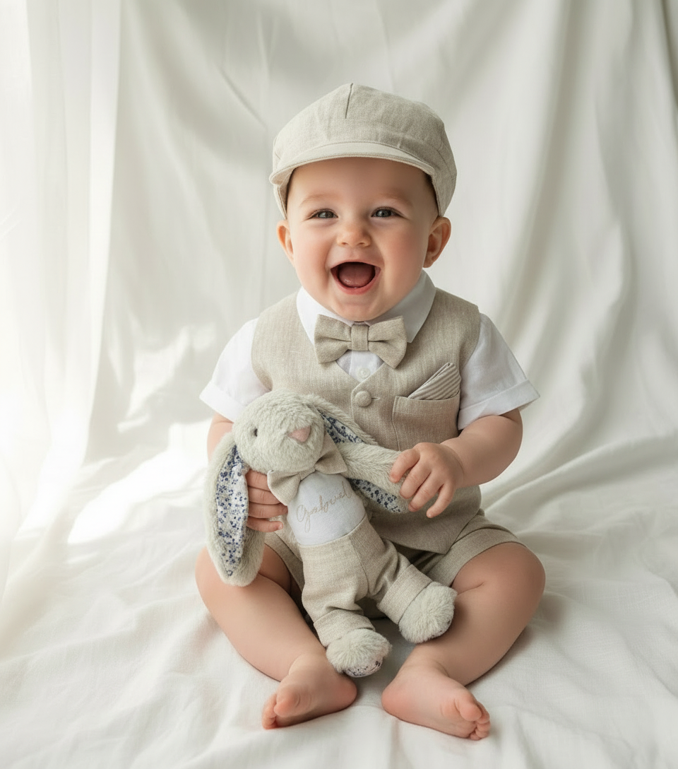 Beige Linen Shorts Shirt Suspenders and Vest set with Optional Cap Jacket and Embroidery