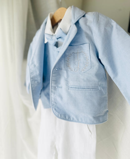 Boys Light blue suit with blue vest, bow tie optional jacket, plus white linen shirt and suspender pants