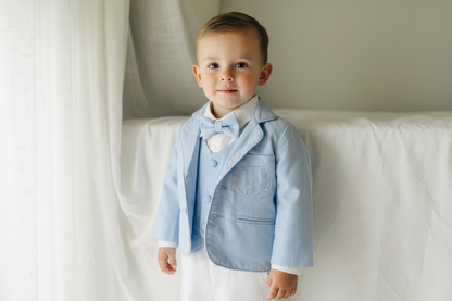 Boys Light blue suit with blue vest, bow tie optional jacket, plus white linen shirt and suspender pants