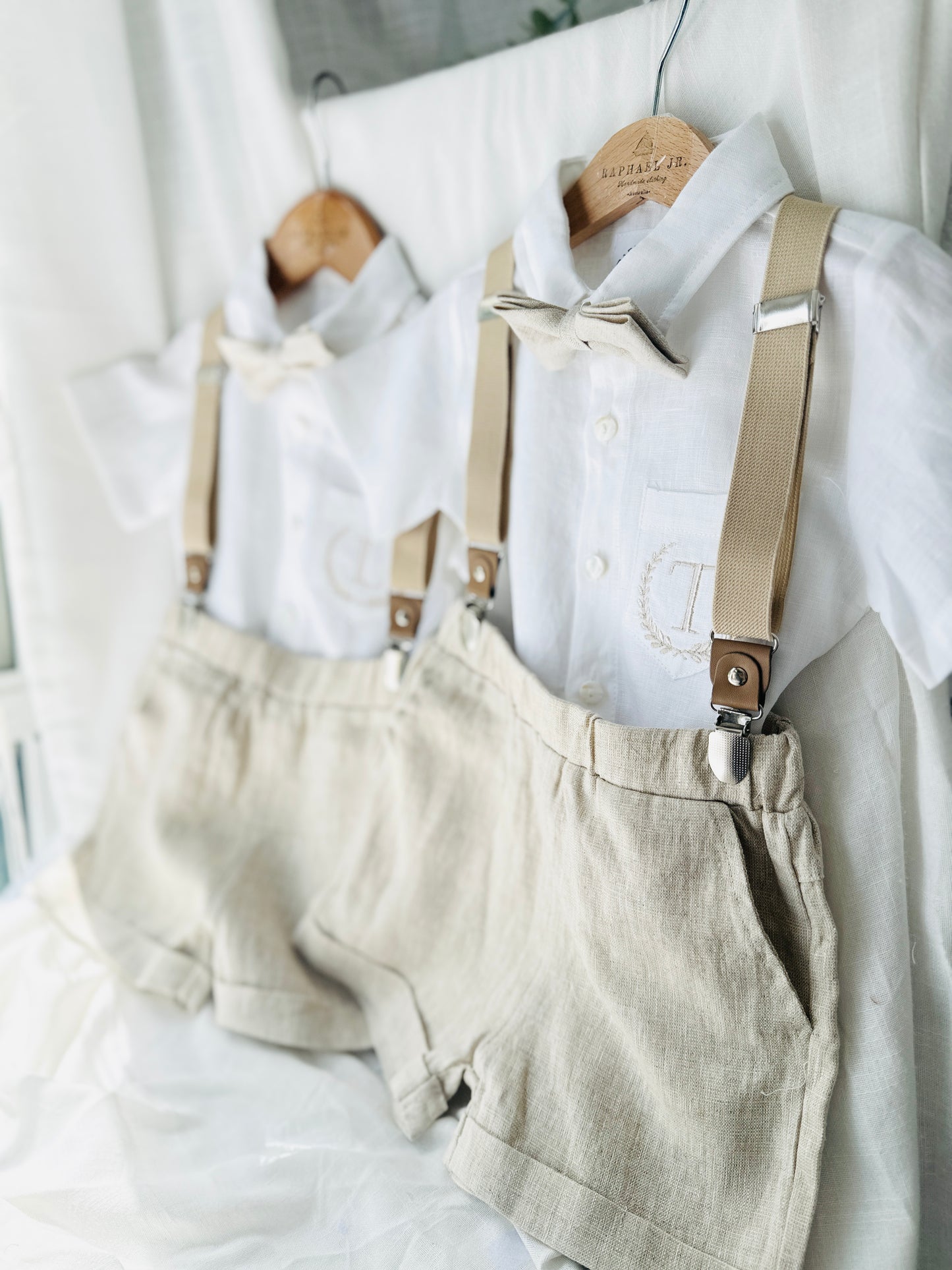 Beige Linen Baptism outfit with suspender shorts, shirt, and bow tie plus optional jacket and embroidery