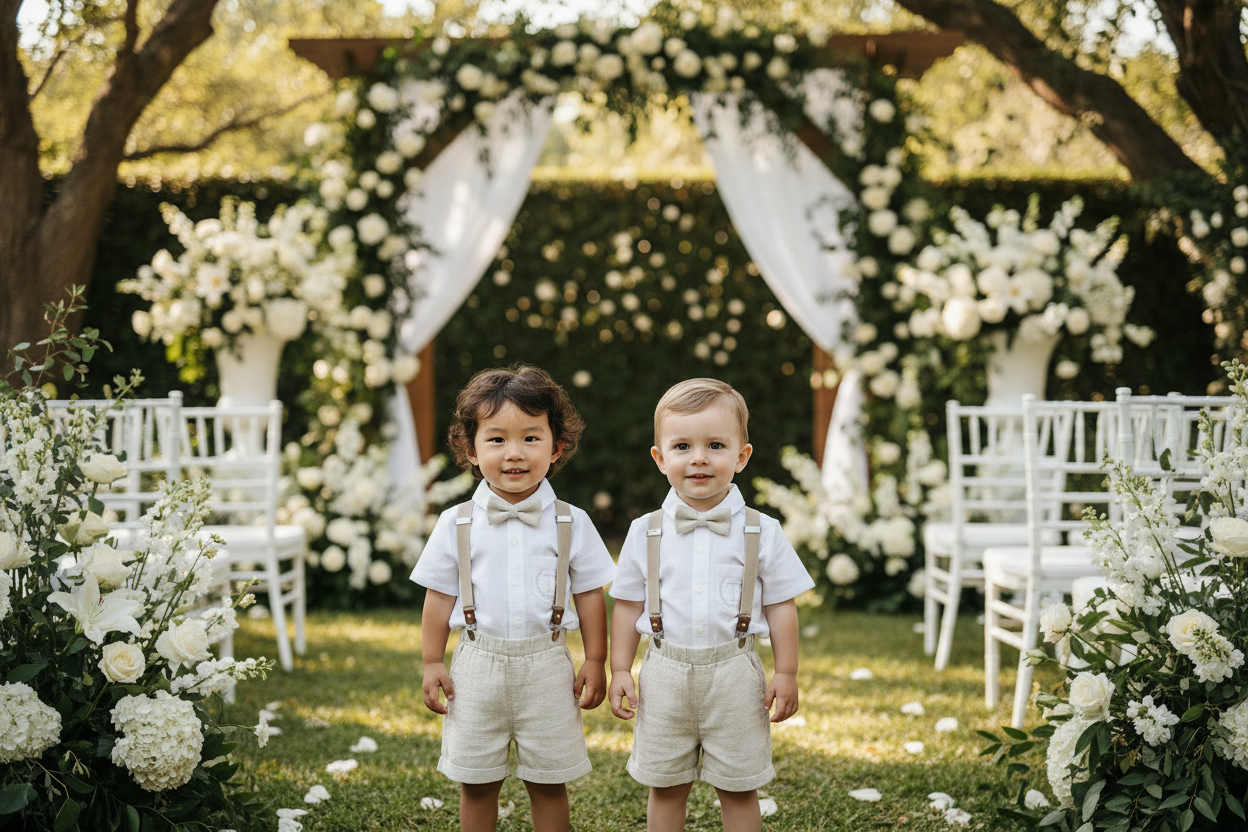 Beige Linen Baptism outfit with suspender shorts, shirt, and bow tie plus optional jacket and embroidery