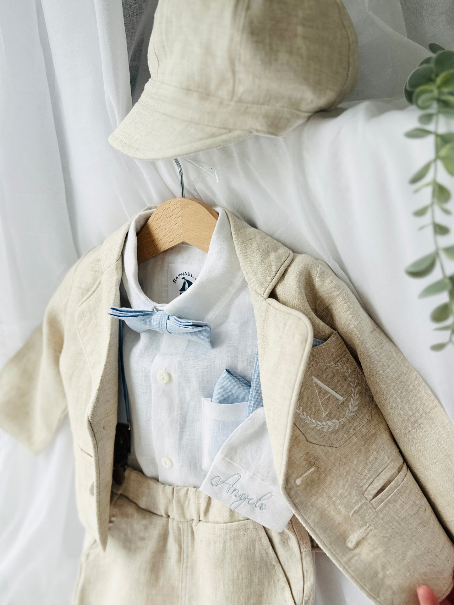Beige linen pants and shirt set with bowtie and suspenders and optional personalisation