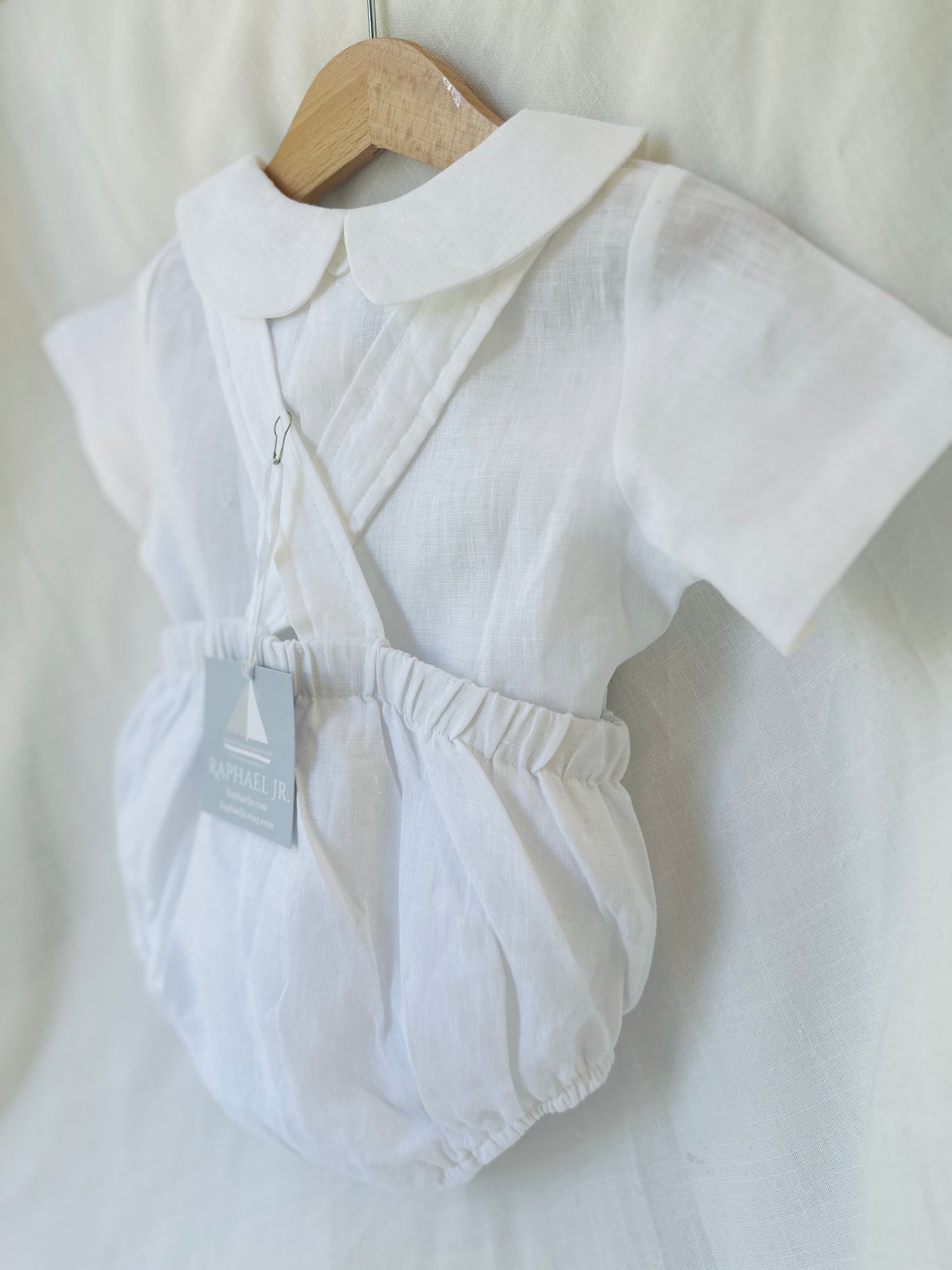 Baby white linen baptism romper overalls and blouse shirt set