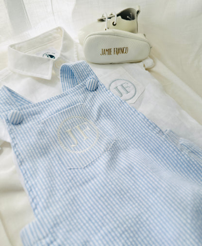 Boys Blue or white Birthday romper overalls Peter Rabbit