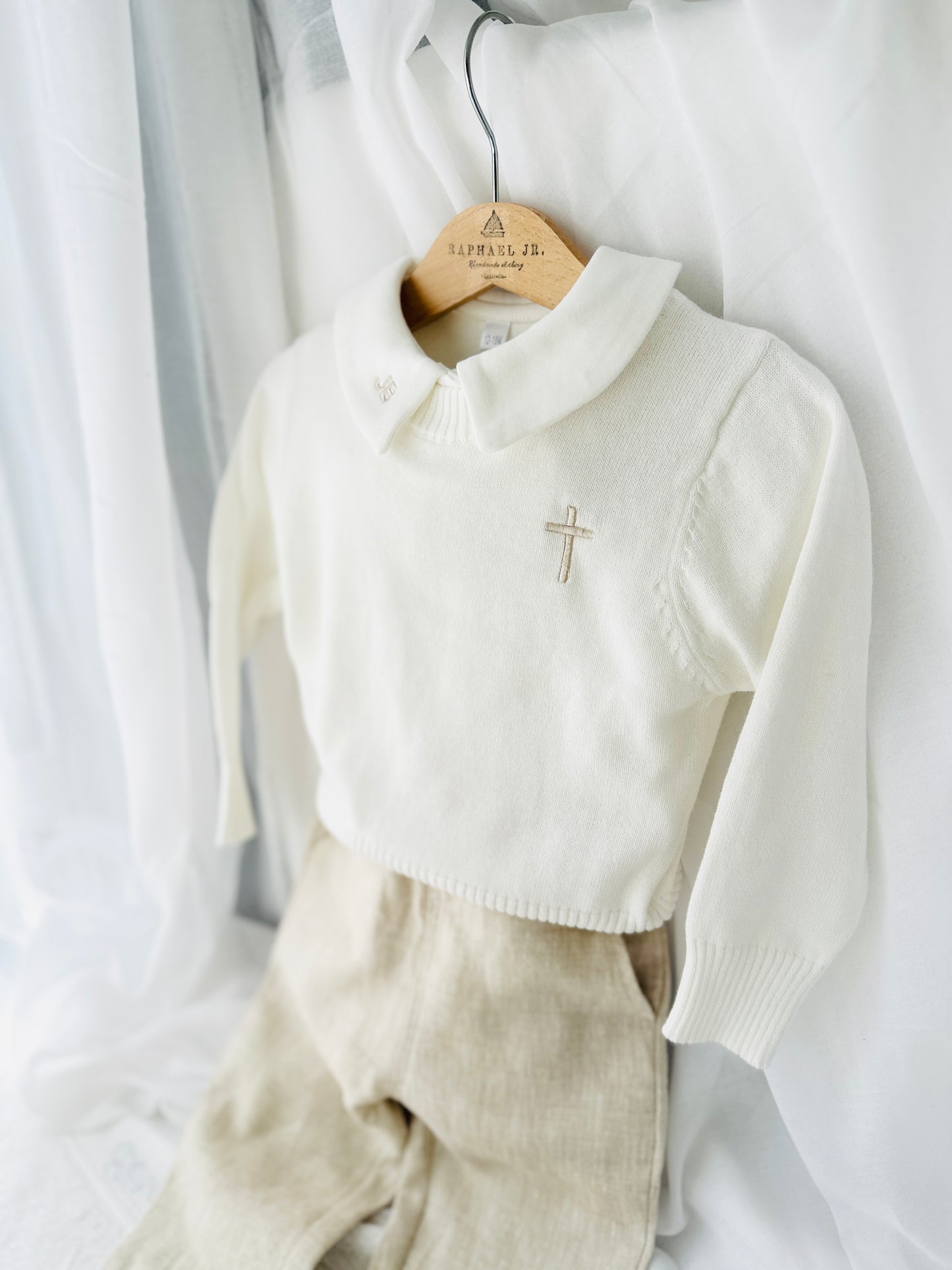 Baptism outfit with cotton onesie and jumper and linen pants
