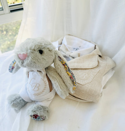 White and beige Summer linen outfit with suspender shorts, shirt, and bow tie plus optional jacket and embroidery