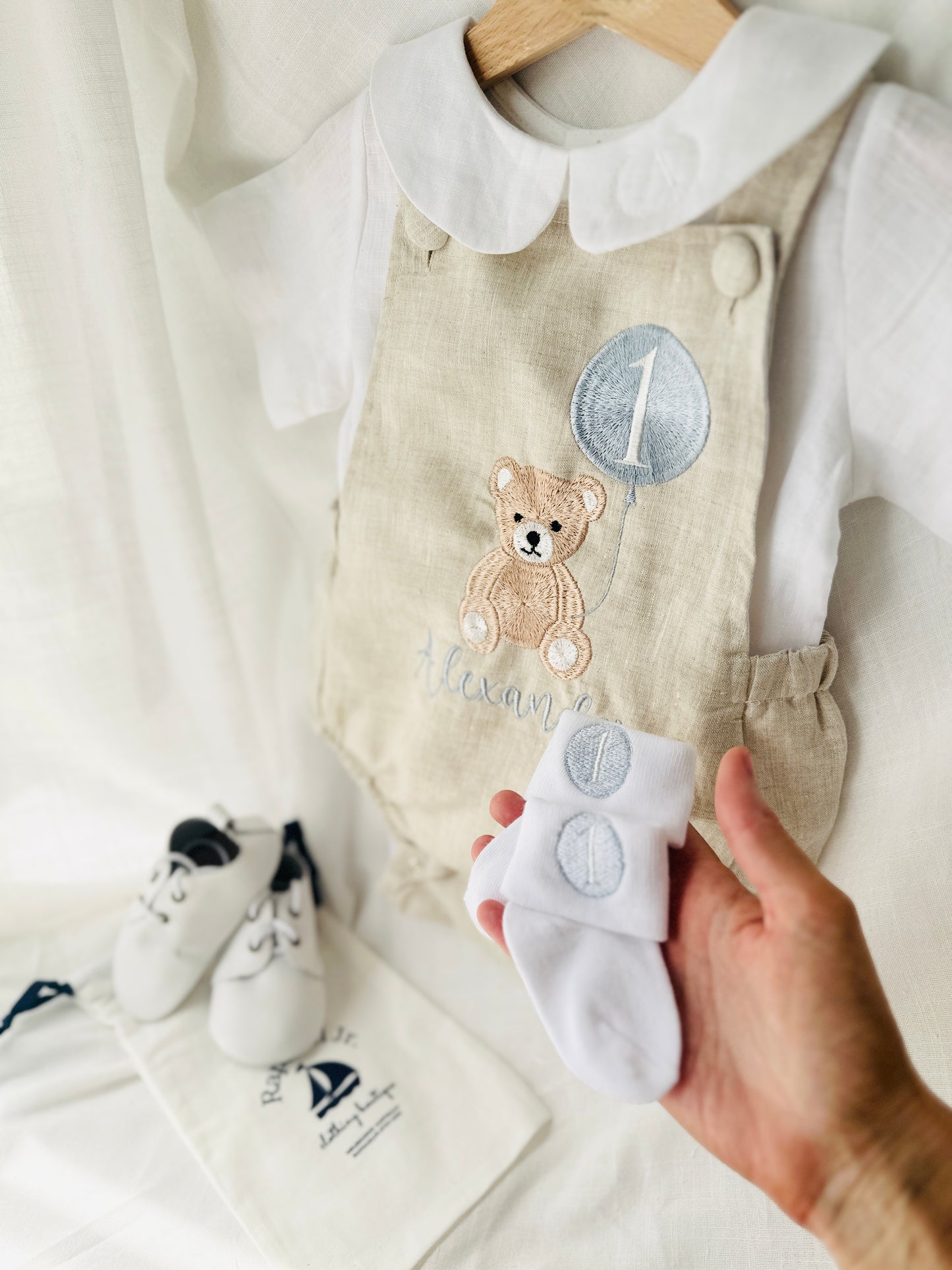 Beige and white linen Birthday and Baptism romper and blouse set