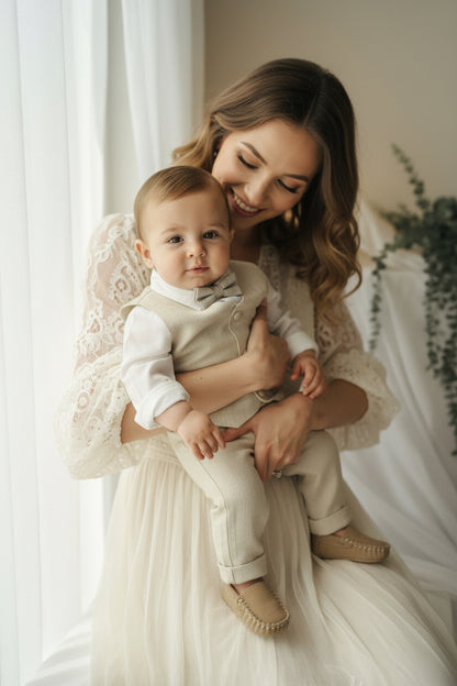 Beige Linen full length suit with pants, shirt, jacket and accessories