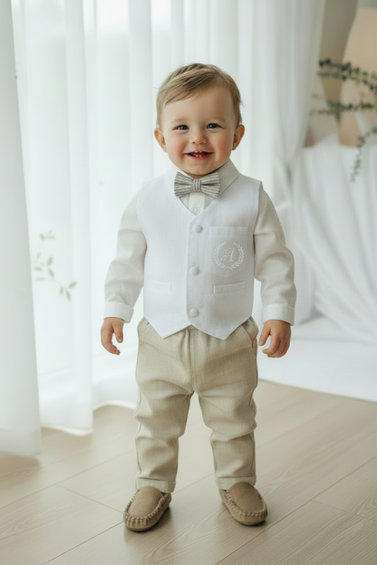 Boys white and beige linen set with vest, shirt, pants, suspenders and bowtie