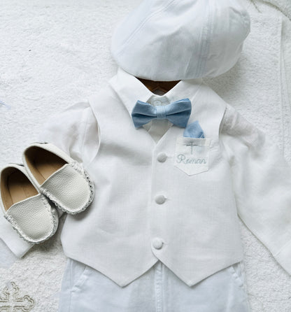 Boys white linen full length Baptism set with vest, shirt, pants, suspenders and bow tie
