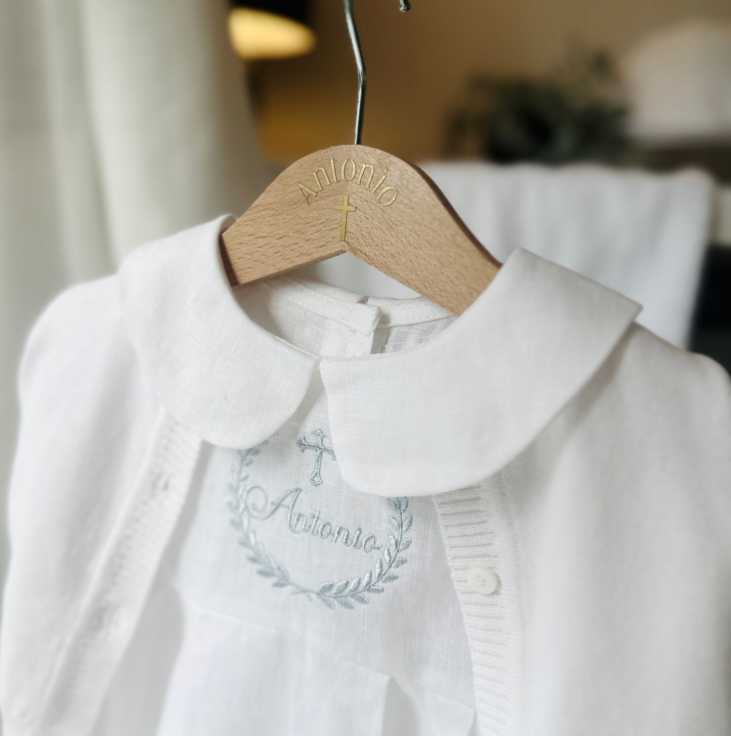 Linen Baptism peter pan collar bubble romper with optional embroidery customisation