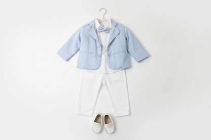 White linen Baptism Suit outfit with optional blue jacket and Accessories