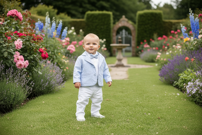 White linen Baptism Suit outfit with optional blue jacket and Accessories