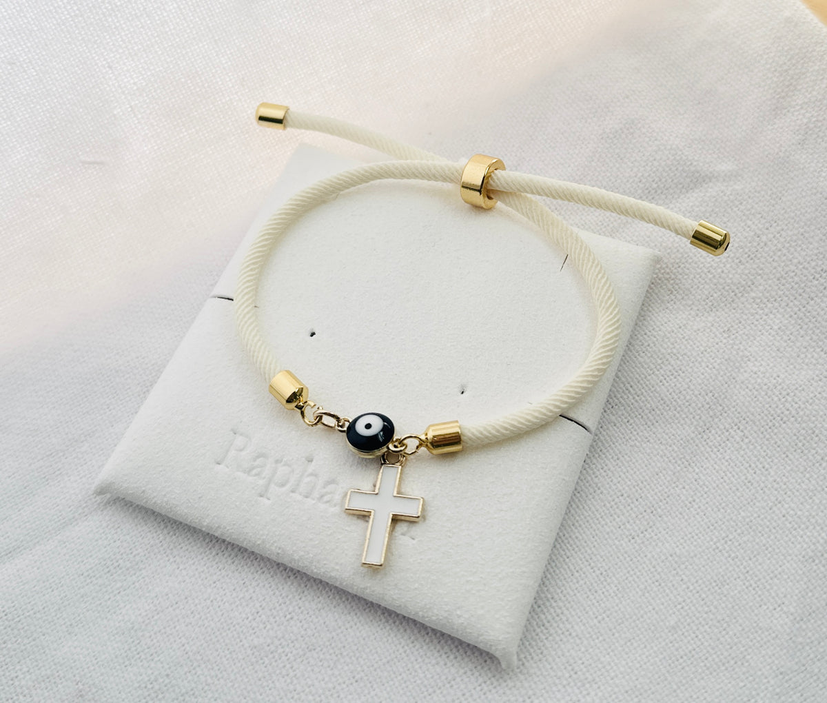 Evil eye bracelet white rope with gold clasps and optional charm