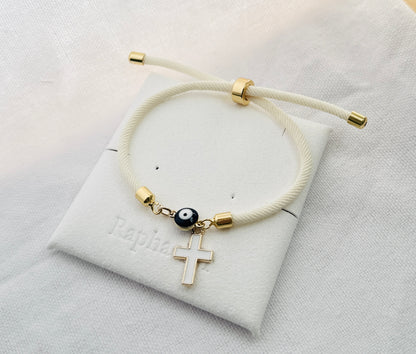 Evil eye bracelet white rope with gold clasps and optional charm