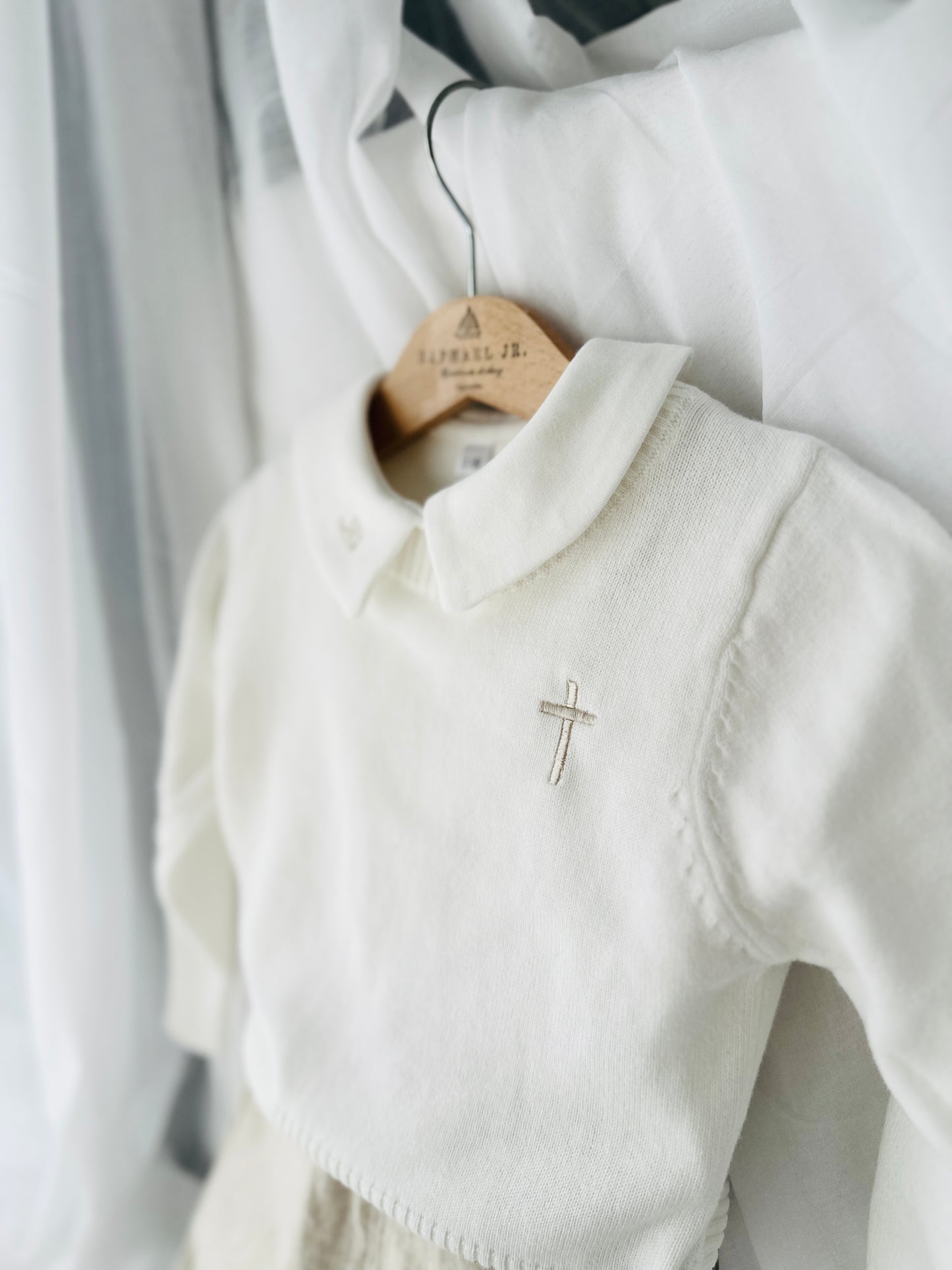 Baptism outfit with cotton onesie and jumper and linen bloomers