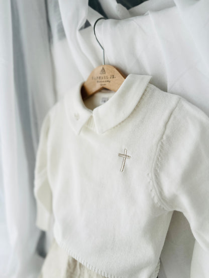 Baptism outfit with cotton onesie and jumper and linen bloomers