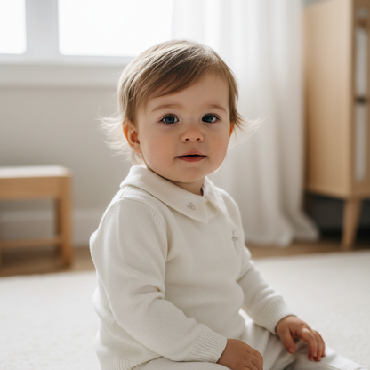 Baptism outfit with cotton onesie and jumper and linen bloomers