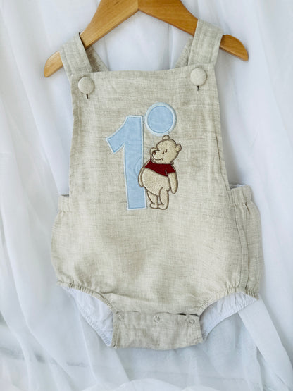 Boys Blue Seersucker Embroidered First Birthday romper