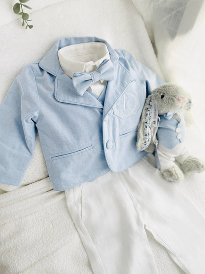 Baby and Toddler Boys white linen outfit with vest, shirt, pants, suspenders and bowtie plus optional blue blazer