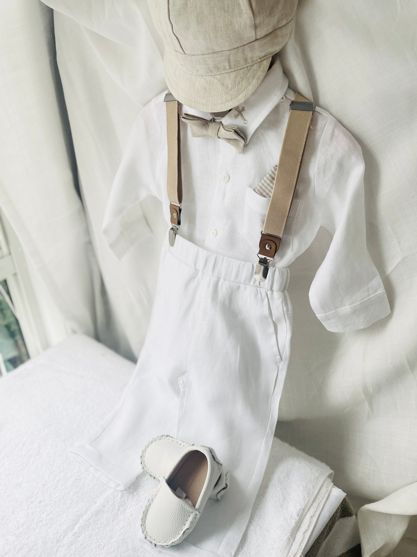 White and Beige Linen Set with optional Jacket Accessories and Embroidery Available